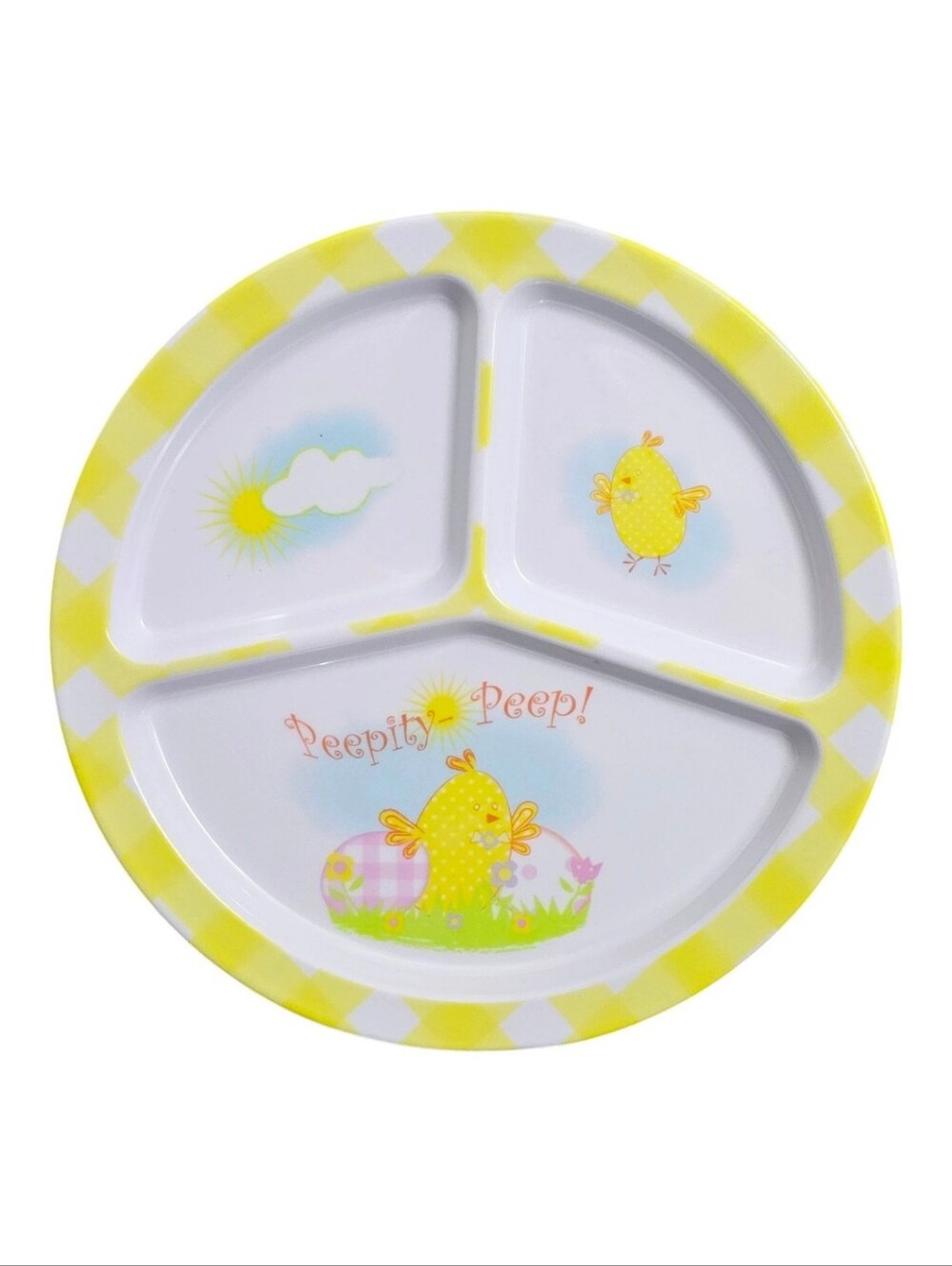 Vintage Easter Kids Divided Plate 10" Melamine Yellow Chicks Eggs Peepity Peep